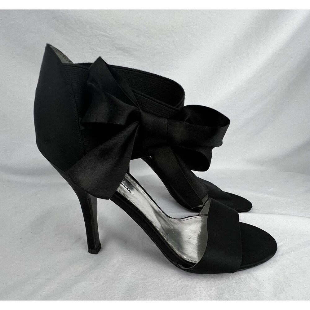 The Touch of Nina Women 9M Black Satin Bow Ankle Strap Stiletto Heels Sandals